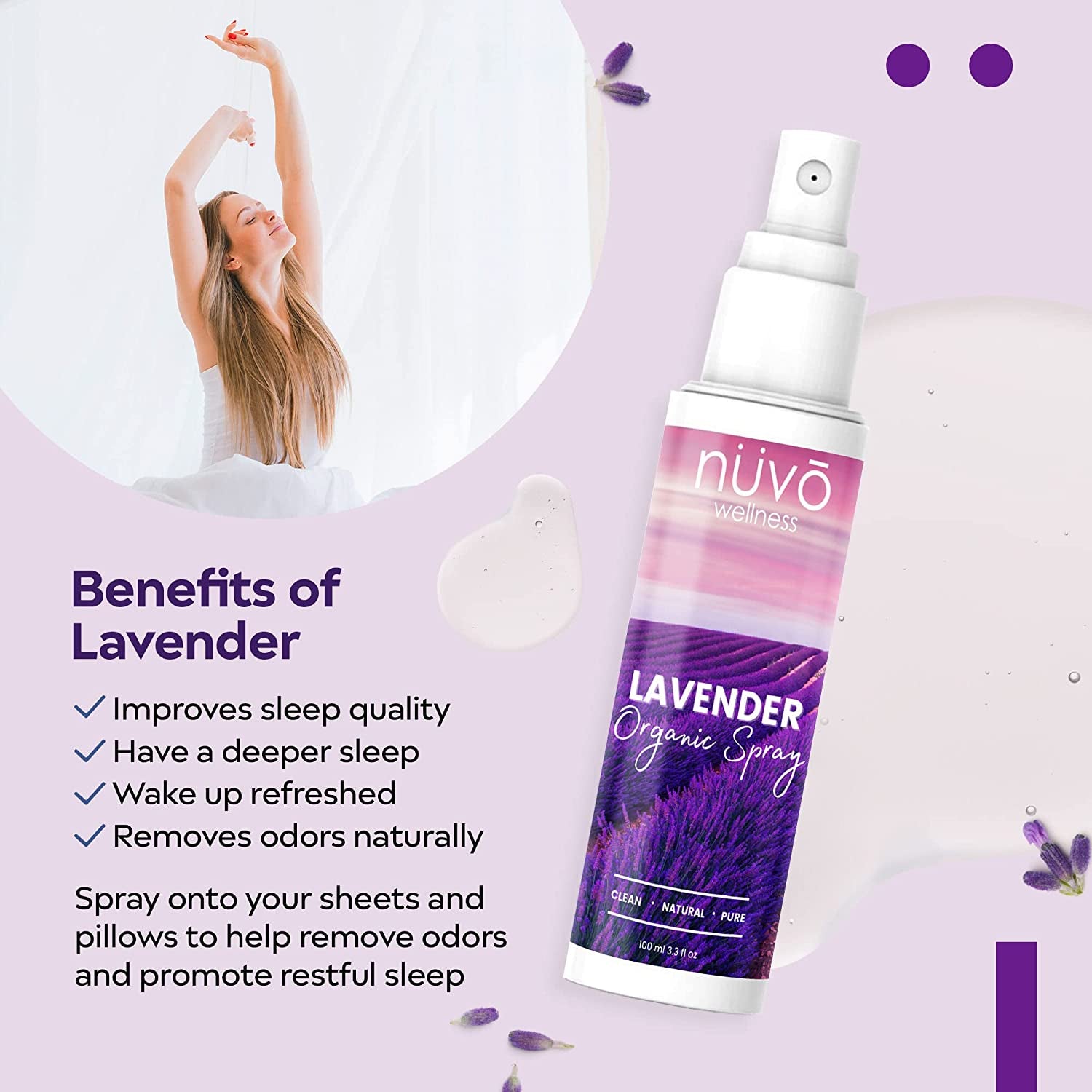 NUVO WELLNESS Travel Size Pillow Spray - Room, Linen & Deep Sleep Spray Made with Therapeutic Essential Oils - Organic French Lavender - (3.3Oz)